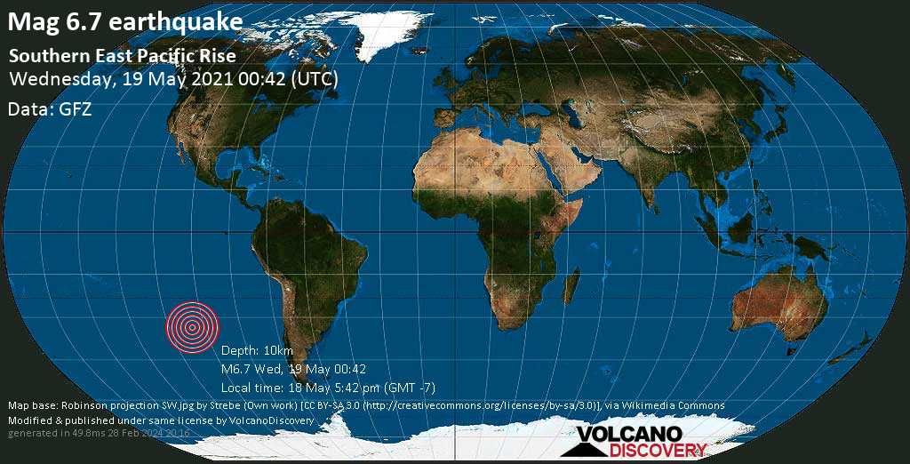 Major magnitude 6.7 earthquake - South Pacific Ocean on 18 May 5:42 pm (GMT -7)