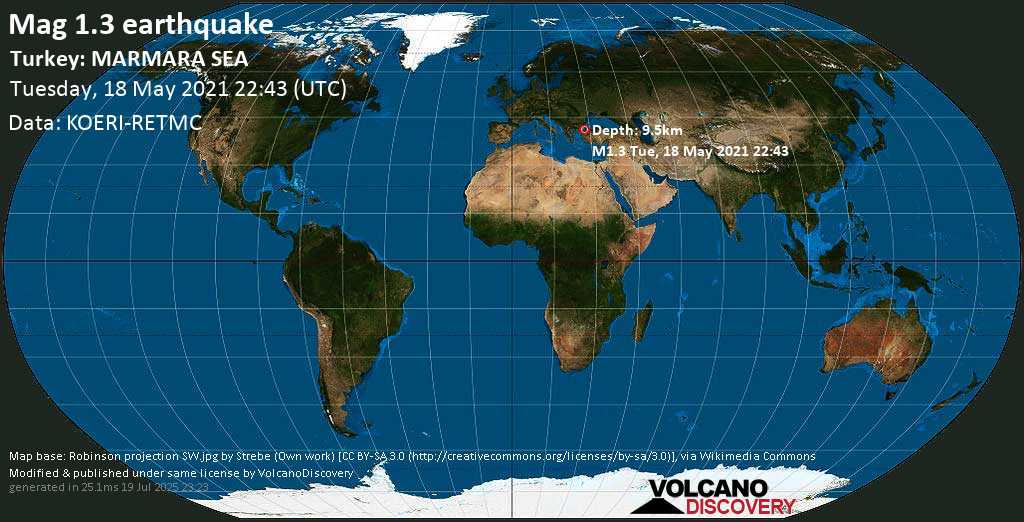 Minor mag. 1.3 earthquake - Turkey: MARMARA SEA on Tuesday, 18 May 2021 at 22:43 (GMT)