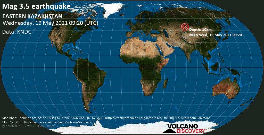 Light mag. 3.5 earthquake - 57 km southeast of Georgīevka, Zharma District, East Kazakhstan, on Wednesday, 19 May 2021 at 09:20 (GMT)
