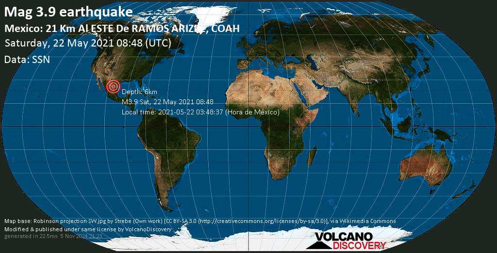 Earthquake information: Mag average.  3.9 – Arteaga earthquake, 29 km northeast of Saltillo, Coahuila, Mexico, at 2021-05-22 03:48:37 (Mexico time)