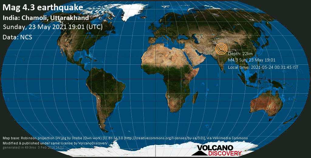Moderates Erdbeben der Stärke 4.3 - 44 km nördlich von Joshīmath, Chamoli, Uttarakhand, Indien, am Montag, 24. Mai 2021 um 00:31 Lokalzeit