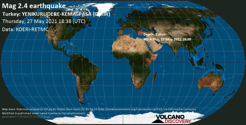 Weak mag. 2.4 earthquake - İzmir, 21 km south of Turgutlu, Manisa, Turkey, on Thursday, 27 May 2021 at 18:38 (GMT)