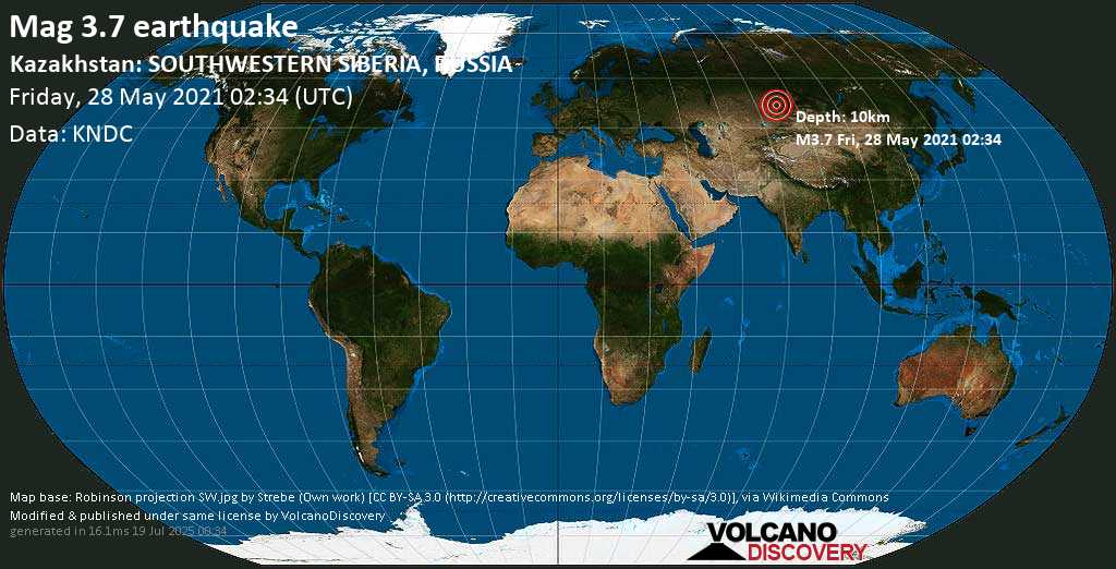 Sismo leggero mag. 3.7 - 65 km a est da Rubcovsk, Altai Krai, Russia, venerdì, 28 mag. 2021 02:34