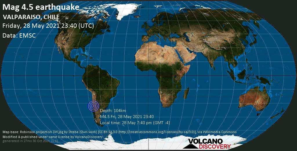 Earthquake information: Light Mag.  4.5 earthquake – Los Andes, de Valparaiso region, 83 km northeast of Santiago, Santiago Metropolitan, Chile, on May 28 7:40 pm (GMT-4)