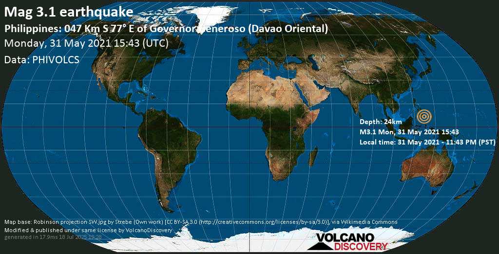 Sismo débil mag. 3.1 - Philippines Sea, 53 km SE of Mati, Province of Davao Oriental, Philippines, Monday, 31 May. 2021