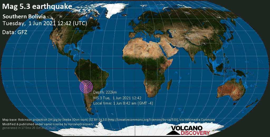 Earthquake information: Mag average.  Earthquake 5.3 – 110 km west of Topeza, Sud Chesas, County de Potosi, Bolivia, on June 1 8:42 am (GMT-4)