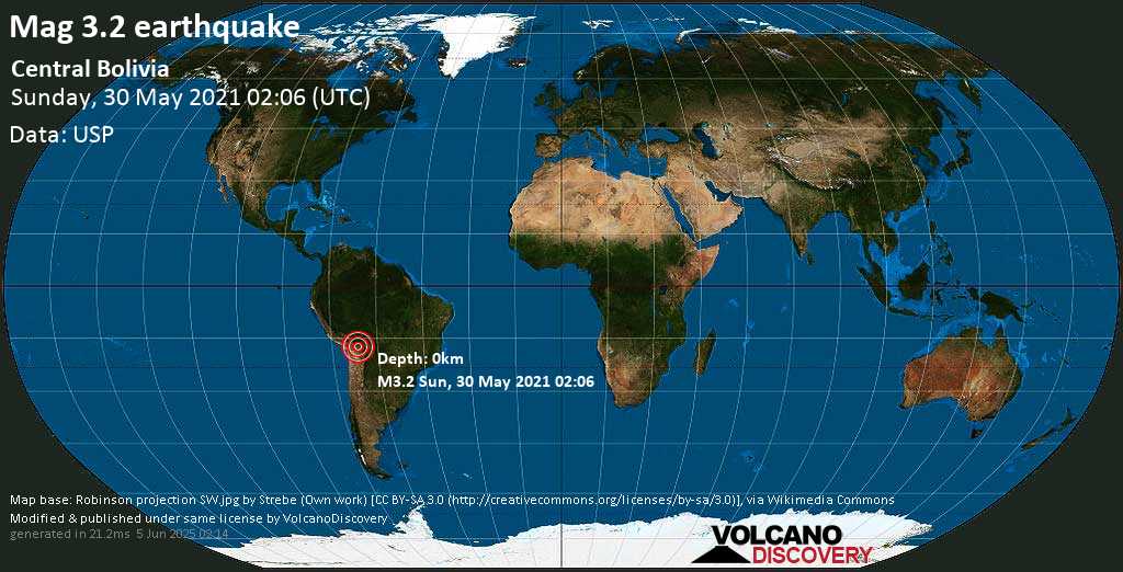 Séisme faible mag. 3.2 - 31 km au nord de Cochabamba, Bolivie, dimanche, le 30 mai 2021 02:06