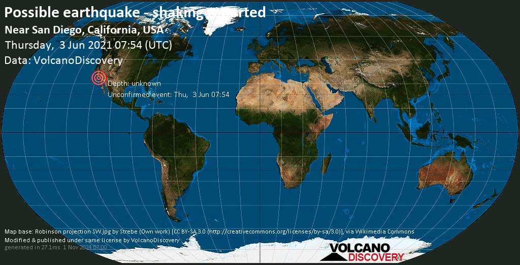 Earthquake reported (unconfirmed): 54 miles northwest of San Diego, California, USA, June 3, 2021…