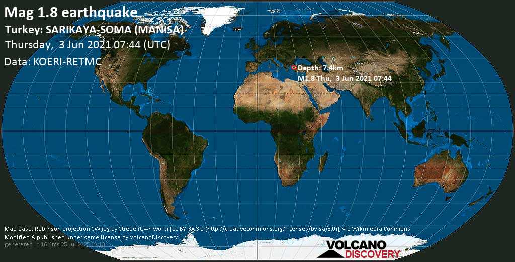 Minor mag. 1.8 earthquake - 2.8 km southeast of Soma, Manisa, Turkey, on Thursday, 3 June 2021 at 07:44 (GMT)