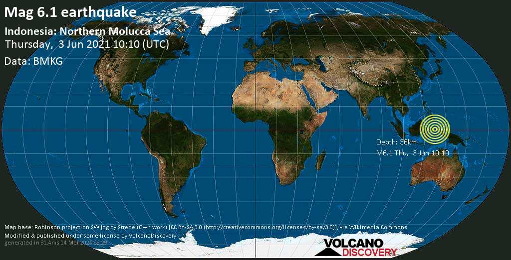 Strong mag. 6.1 earthquake - Molucca Sea, 135 km west of Ternate, North Maluku, Indonesia, on Thursday, Jun 3, 2021 at 7:10 pm (GMT +9)