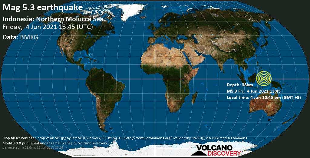Moderates Erdbeben der Stärke 5.3 - Molucca Sea, 131 km westlich von Ternate, North Maluku, Indonesien, am Freitag, 4. Jun 2021 um 13:45 GMT
