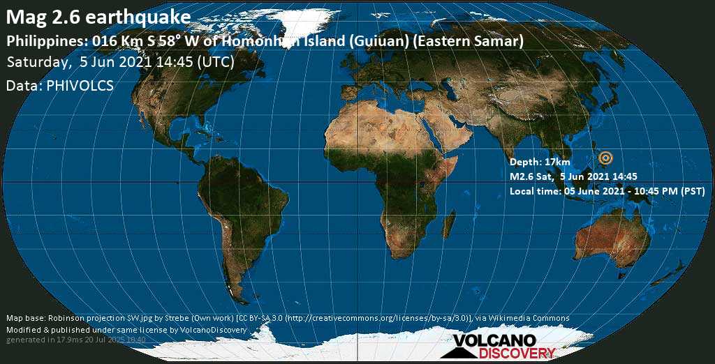 Sismo debile mag. 2.6 - Philippines Sea, 91 km a sud-est da Tacloban City, Filippine, sábbato, 05 giugno 2021