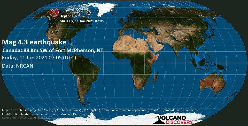 Moderate mag. 4.3 earthquake - Yukon, 88 km southwest of Fort McPherson, Inuvik Region, Northwest Territories, Canada, on Friday, 11 June 2021 at 07:05 (GMT)