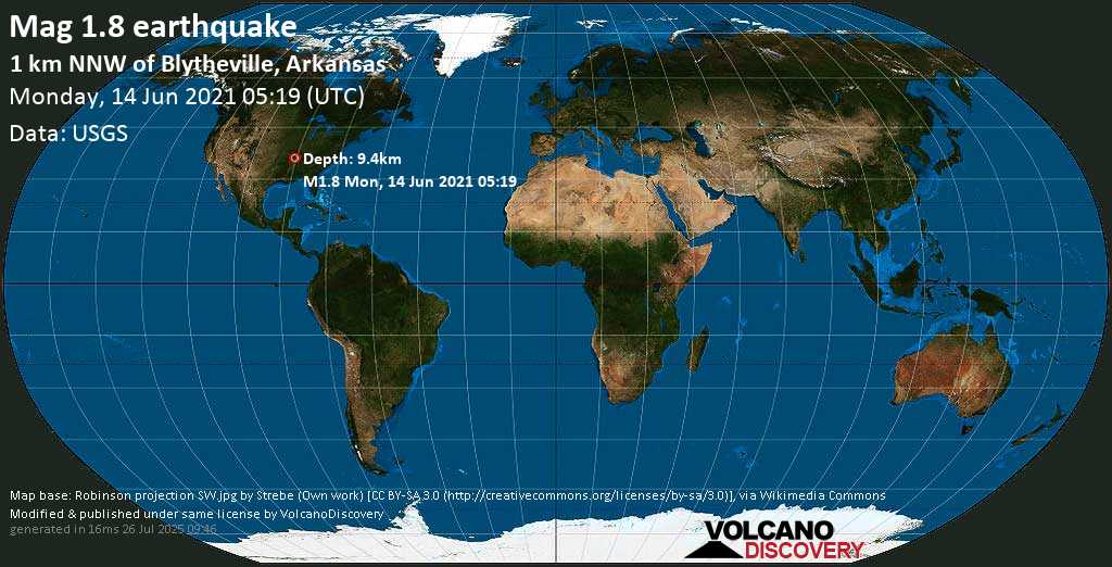 Minor mag. 1.8 earthquake - 1 Km NNW of Blytheville, Arkansas, on Monday, 14 June 2021 at 05:19 (GMT)