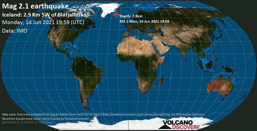 Weak mag. 2.1 earthquake - Iceland: 2.9 Km SW of Bláfjallaskáli on Monday, 14 June 2021 at 19:59 (GMT)