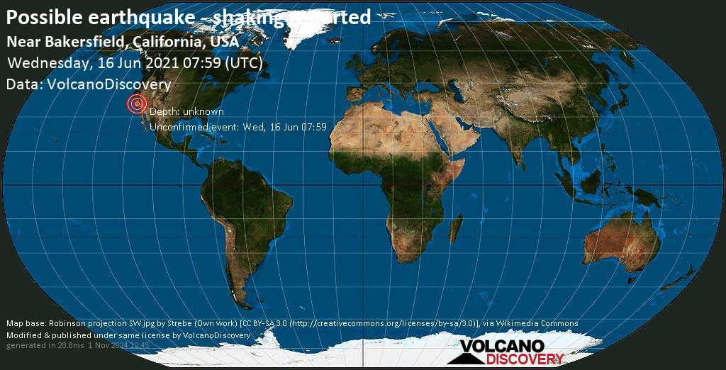 Earthquake information: Earthquake reported (unconfirmed): 3.6 miles north of Bakersfield, Kern County, CA, USA, June 16, 2021 07:59 GMT