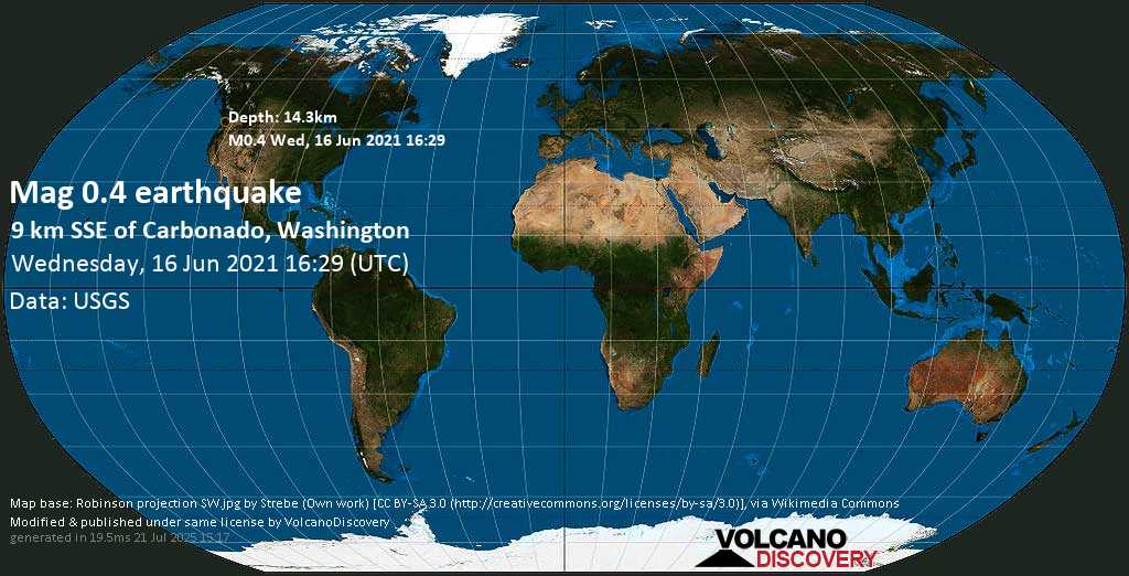 Minor mag. 0.4 earthquake - 9 Km SSE of Carbonado, Washington, on Wednesday, 16 June 2021 at 16:29 (GMT)