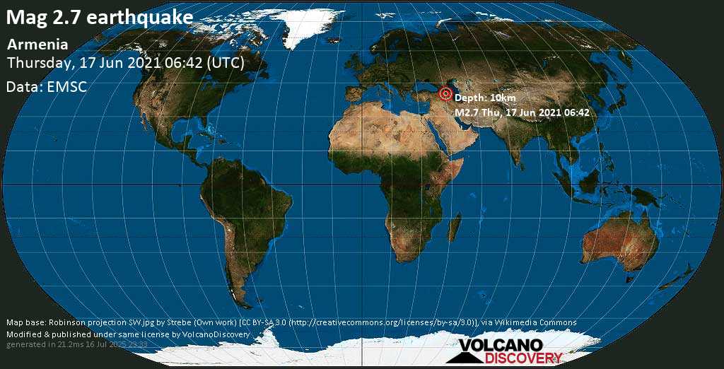 Weak mag. 2.7 earthquake - 31 km northeast of Ararat, Armenia, on Thursday, 17 June 2021 at 06:42 (GMT)