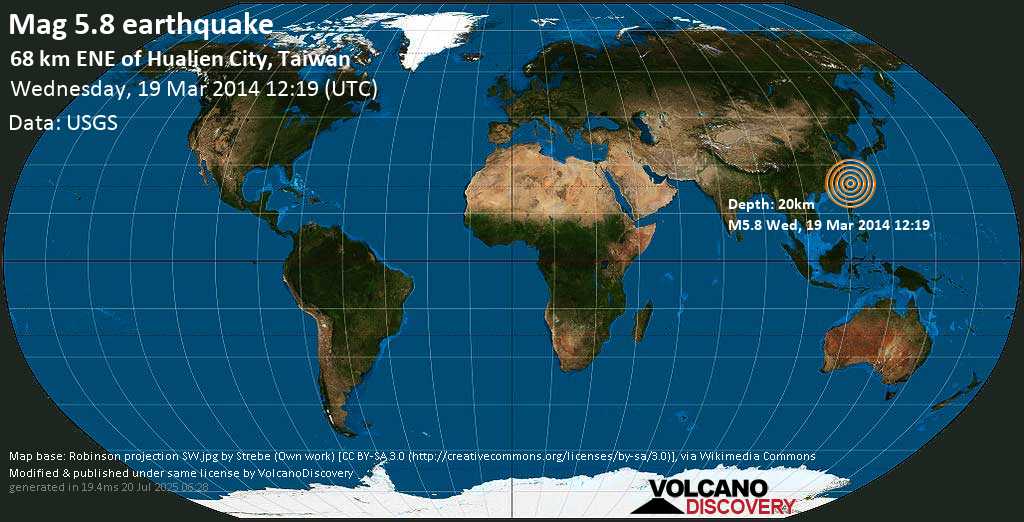 Moderato terremoto magnitudine 5.6 - Philippines Sea, 68 km a est da Hualien City, Taiwan, mercoledì, 19 marzo 2014