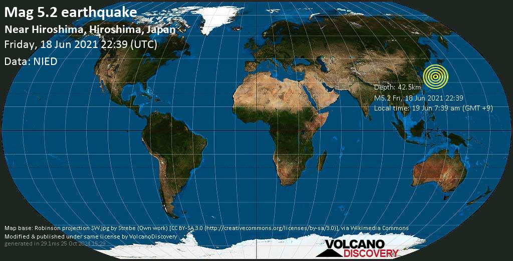 Earthquake Information: Average Mag.  5.2 – 5.3 km earthquake SW of Ozu, Ehime, Japan, on Saturday, June 19, 2021, at 7:39 am (GMT +9)