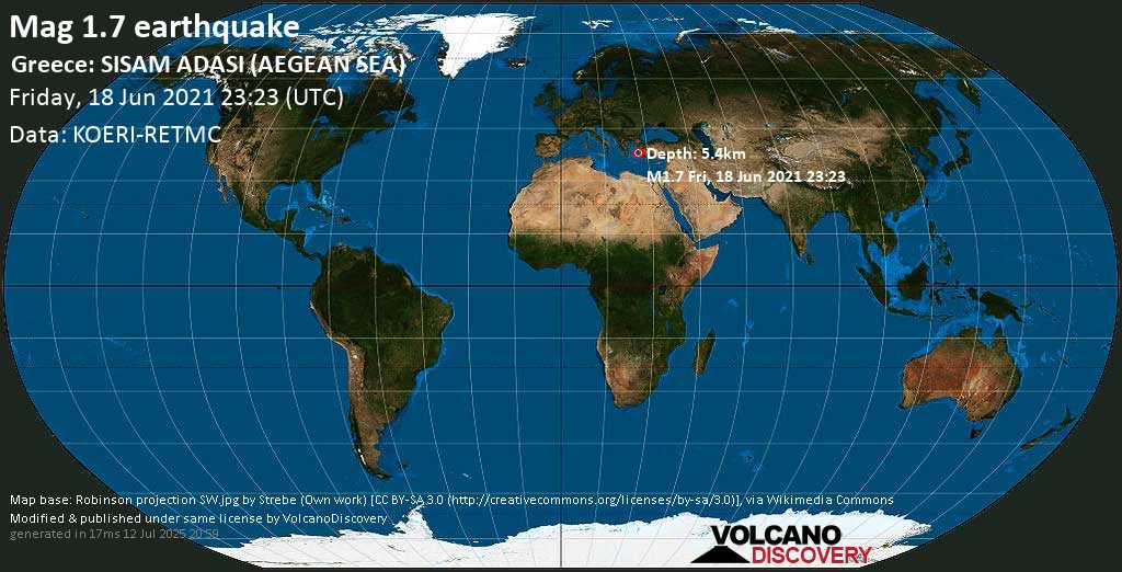 Sehr schwaches Beben Stärke 1.7 - Ägäisches Meer, 4.2 km westlich von Karlovasi, Griechenland, am Freitag, 18. Jun 2021 um 23:23 GMT