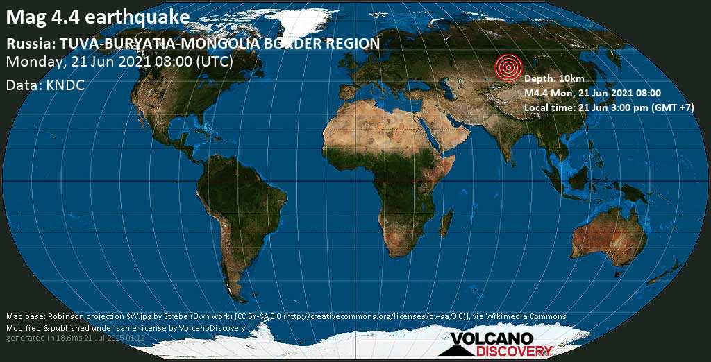 Moderate mag. 4.4 earthquake - 54 km southwest of Ak-Dovurak, Republic of Tyva, Russia, on 21 Jun 3:00 pm (GMT +7)