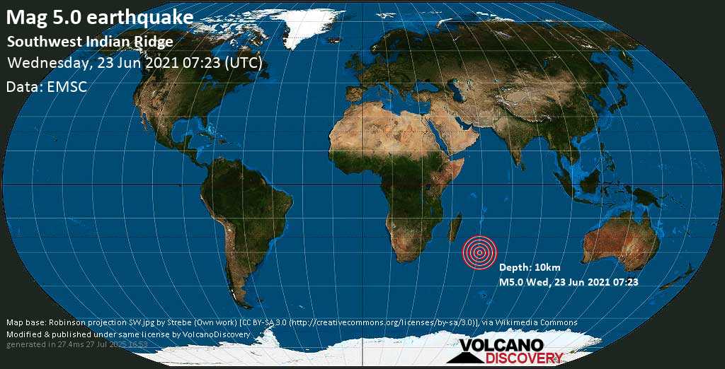 Strong mag. 5.0 earthquake - Indian Ocean on 23 Jun 11:23 am (GMT +4)