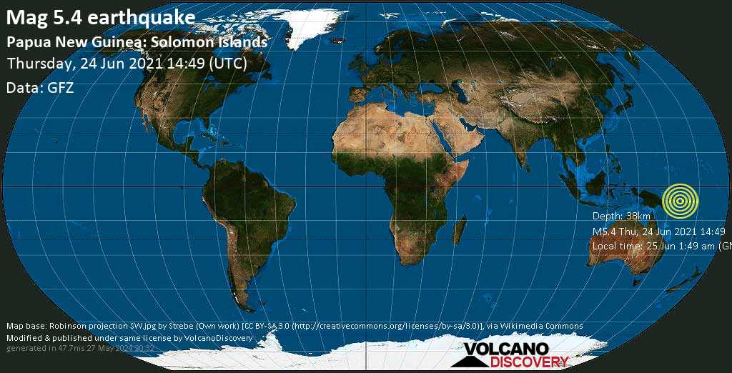 Informasi Gempa: Mag rata-rata.  Gempa 5.4 – Laut Solomon, 70 km barat daya Arawa, Bougainville, Papua Nugini, pada 25 Juni 1:49 pagi (GMT +11)