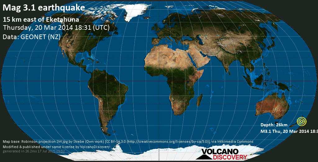 Mag. 3.1 earthquake - 37 km southeast of Palmerston North, Manawatu-Wanganui, New Zealand, on Thursday, 20 March 2014 at 18:31 (GMT)