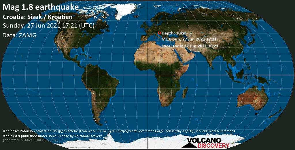 Minor mag. 1.8 earthquake - Lekenik, 10.4 km northwest of Sisak, Sisak-Moslavina, Croatia, on 27 Jun 2021 19:21