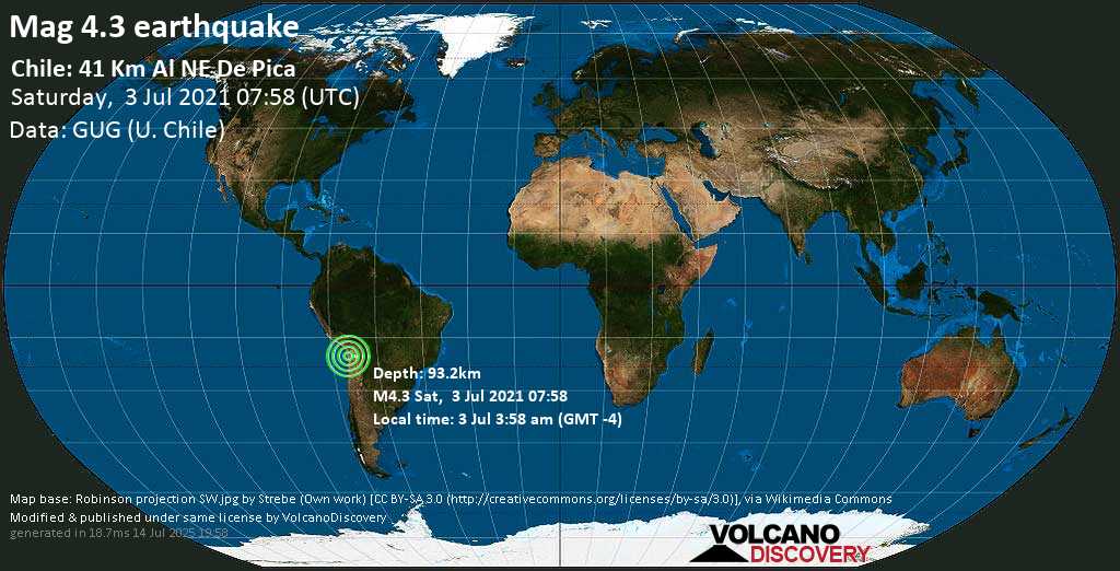 Leichtes Erdbeben der Stärke 4.3 - Provincia del Tamarugal, 105 km östlich von Iquique, Tarapaca, Chile, am Samstag, 3. Jul 2021 um 07:58 GMT