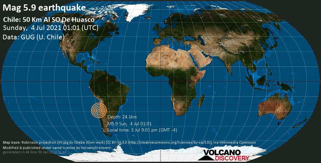 Mag fuerte.  5.9 – Terremoto del Pacífico Sur, 83 km al oeste de Valinar, Provincia de Huaco, Atacama, Chile, el 3 de julio a las 9:01 pm (GMT -4)