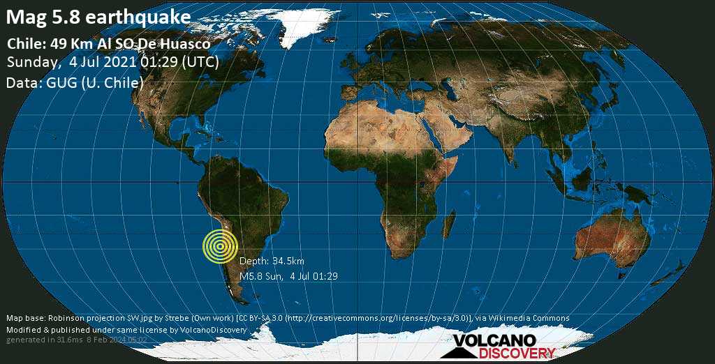 Strong mag. 5.8 earthquake - South Pacific Ocean, 84 km west of Vallenar, Huasco, Atacama, Chile, on Saturday, Jul 3, 2021 at 8:29 pm (GMT -5)