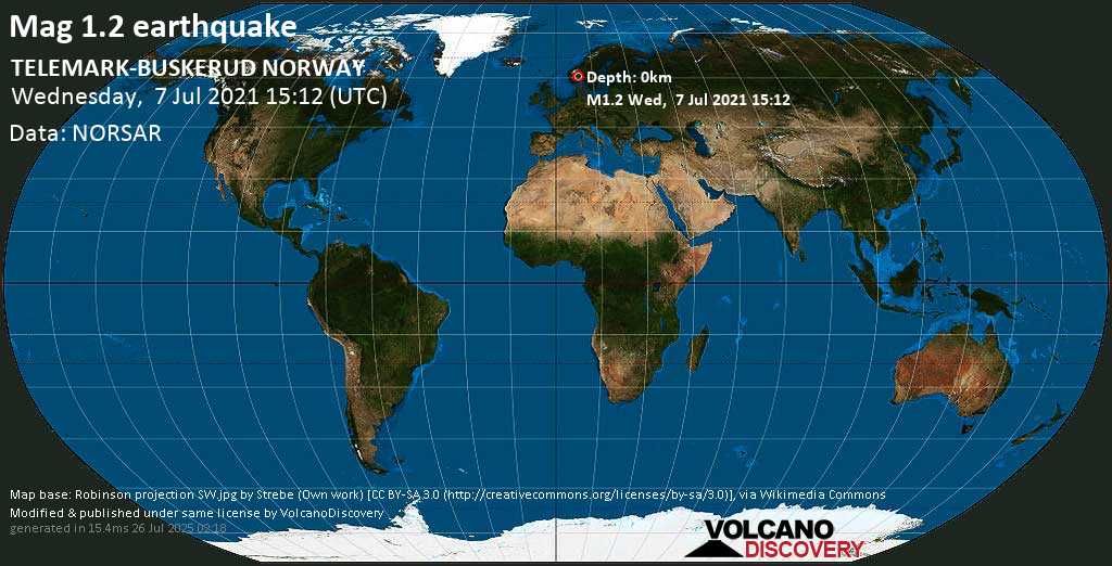 Minor mag. 1.2 earthquake - TELEMARK-BUSKERUD NORWAY on Wednesday, July 7, 2021 at 15:12 (GMT)