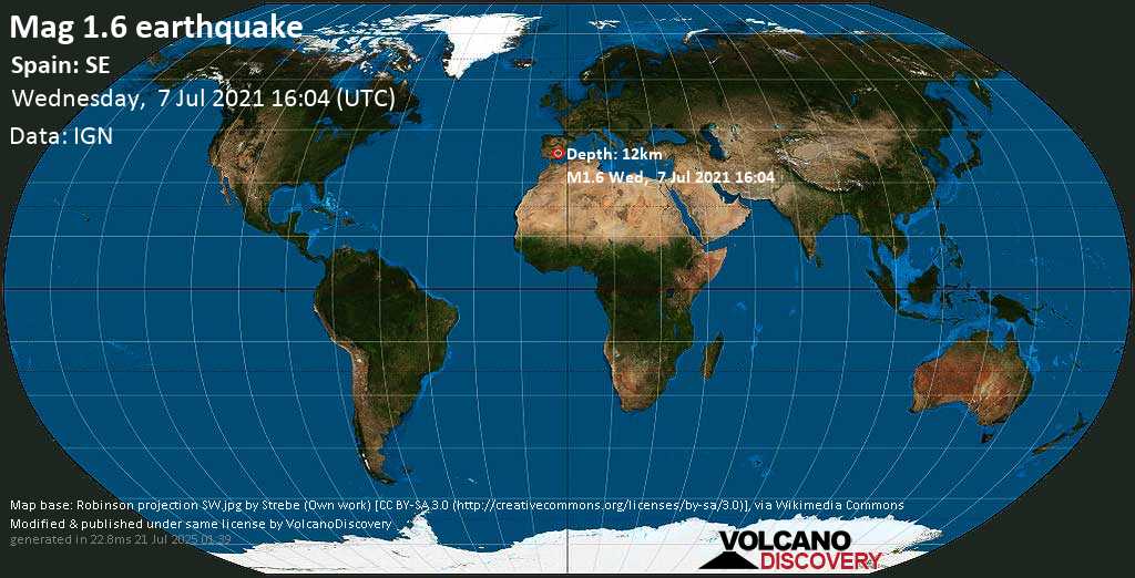 Minor mag. 1.6 earthquake - 6.8 km south of Ubeda, Jaen, Andalusia, Spain, on Wednesday, July 7, 2021 at 16:04 (GMT)