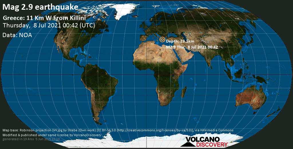 Weak mag. 2.9 earthquake - Ionian Sea, 32 km northwest of Amaliada, Ilia Prefecture, Western Greece, on Thursday, July 8, 2021 at 00:42 GMT