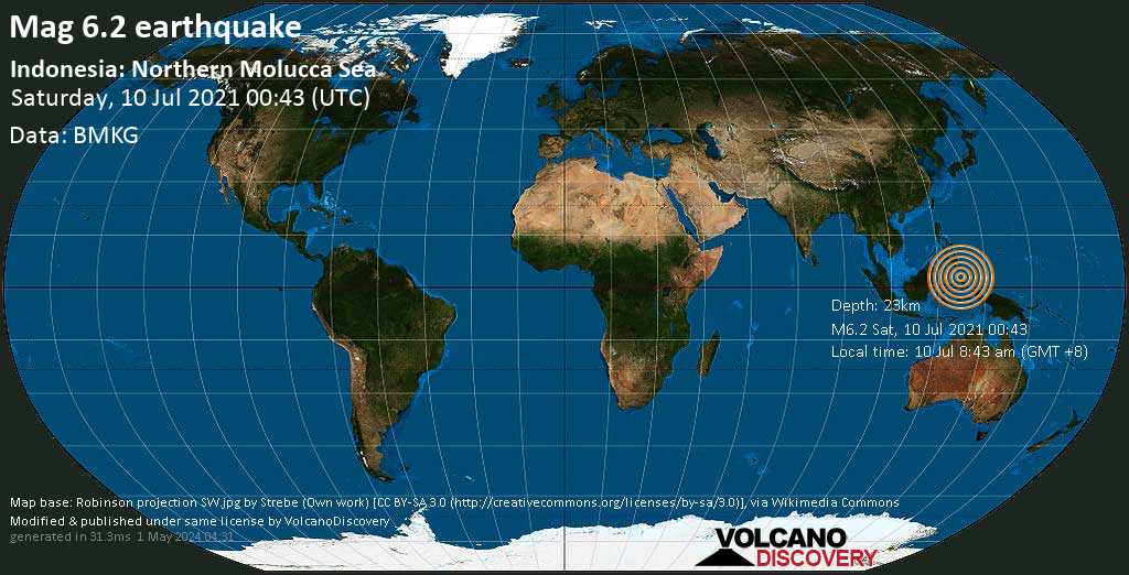 Very strong mag. 6.2 earthquake - Molucca Sea, 260 km northeast of Manado, North Sulawesi, Indonesia, on 10 Jul 8:43 am (GMT +8)