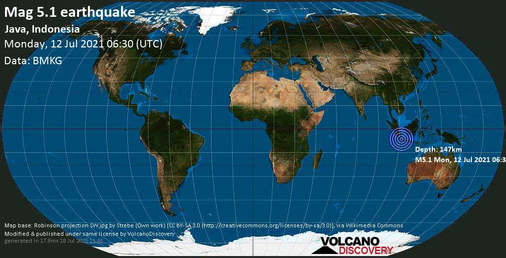 Séisme modéré mag. 5.1 - 20 km au sud-ouest de Pandeglang, Banten, Indonésie, lundi, le 12 juillet 2021 06:30