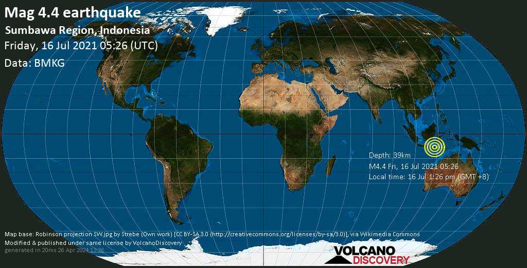 Lightmag.  Gempa 4,4 - Laut Flores, 53 km sebelah utara Sumbawa Besar, Indonesia, 16 Juli, 13:26 (GMT +8)