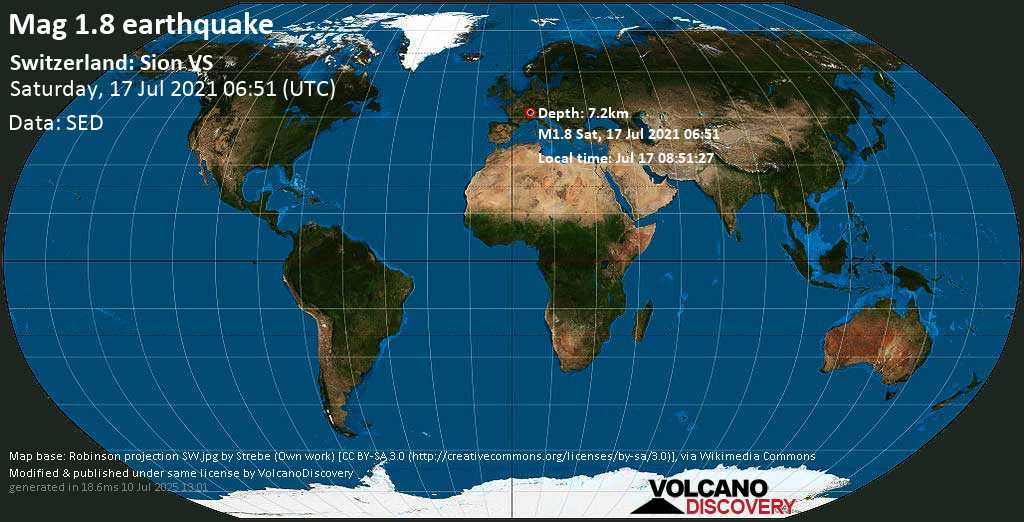 Sismo minore mag. 1.8 - Hérens District, 5.4 km a nord est da Sion, Canton Vallese, Svizzera, Jul 17 08:51:27