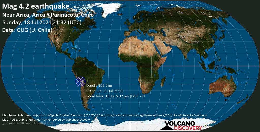 Información del terremoto: Light Mag.  Terremoto 4.2 – 92 km al sureste de Arica, Región de Arica y Barinacota, Chile, el 18 de julio 17:32 (GMT -4)