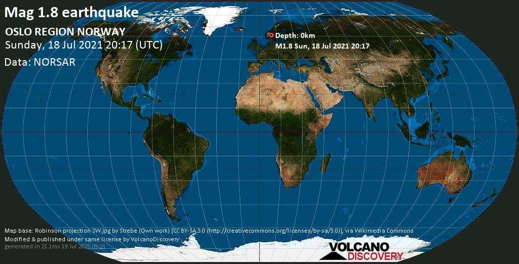 Minor mag. 1.8 earthquake - Gran, Innlandet, 57 km north of Oslo, Norway, on Sunday, July 18, 2021 at 20:17 (GMT)