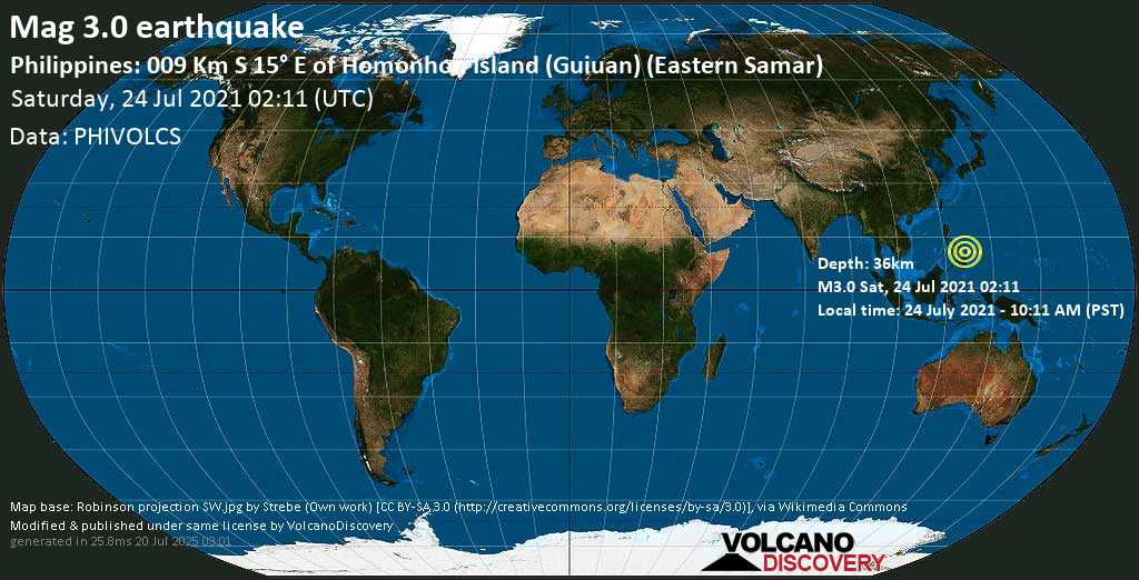Schwaches Erdbeben Stärke 3.0 - Philippine Sea, Philippinen, 38 km nordöstlich von Loreto, Caraga, am Samstag, 24. Jul 2021 um 02:11 GMT