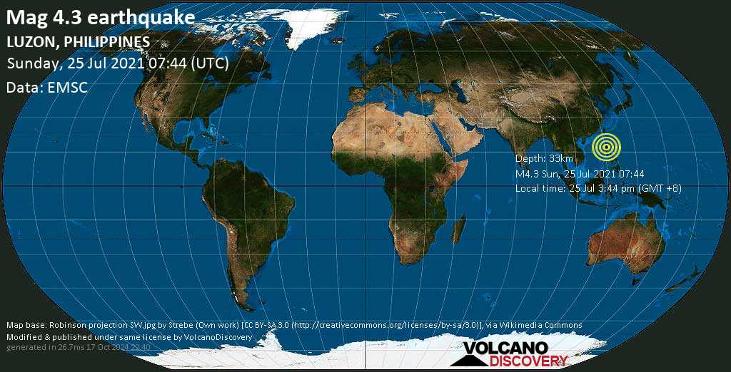 Earthquake Info: Light Mag.  4.3 earthquake – South China Sea, 48 km northwest of San Fernando, Philippines, on July 25 3:44 pm (GMT +8)