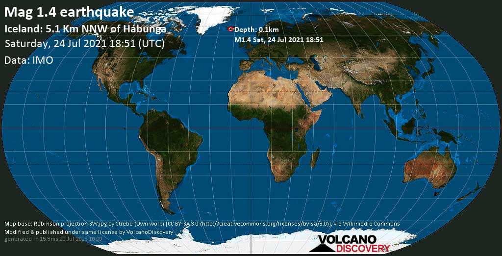 Sehr schwaches Beben Stärke 1.4 - Iceland: 5.1 Km NNW of Hábunga, am Samstag, 24. Jul 2021 um 18:51 GMT