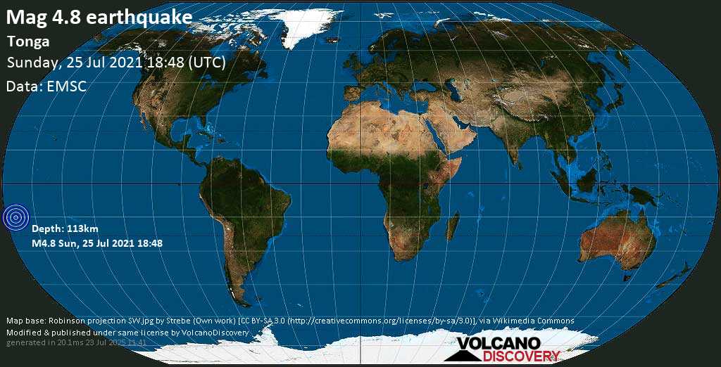 Moderate mag. 5.0 earthquake - South Pacific Ocean, Tonga, 275 km southwest of Apia, Tuamasaga, Samoa, on 26 Jul 7:48 am (GMT +13)