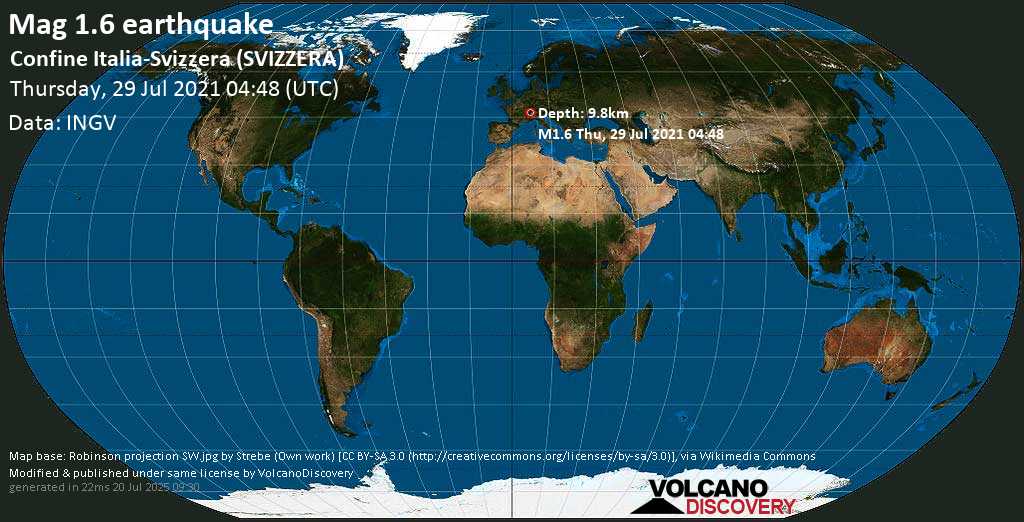 Sismo minore mag. 1.6 - Conthey District, 6.9 km a sud ovest da Sion, Canton Vallese, Svizzera, giovedì, 29 lug. 2021 04:48