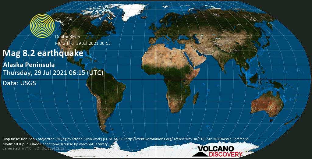 Major mag. 8.2 Earthquake - Chignik Earthquake, Gulf of Alaska, on Wednesday, Jul 28, 2021, at 09:15 pm (GMT -9)