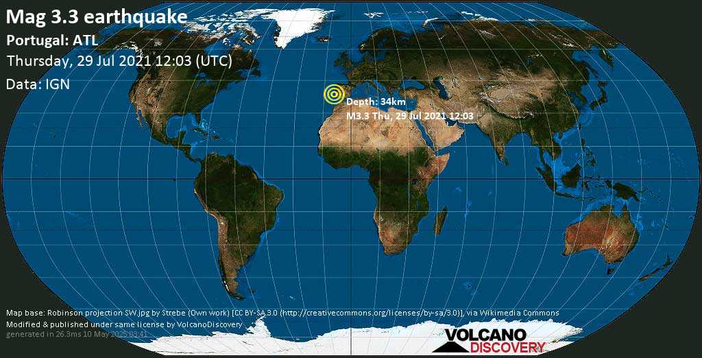 Séisme très faible mag. 3.3 - Océan Atlantique Nord, 66 km au sud de Lisbonne, Portugal, jeudi, le 29 juillet 2021 12:03