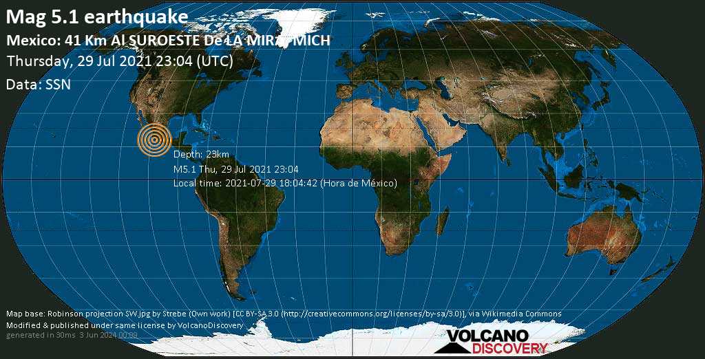 Earthquake Information: Average Mag.  5.1 earthquake – North Pacific Ocean, 51 km west of Melcor Ocampo del Balsas, Mexico, on 2021-07-29 18:04:42 (Hora de México)